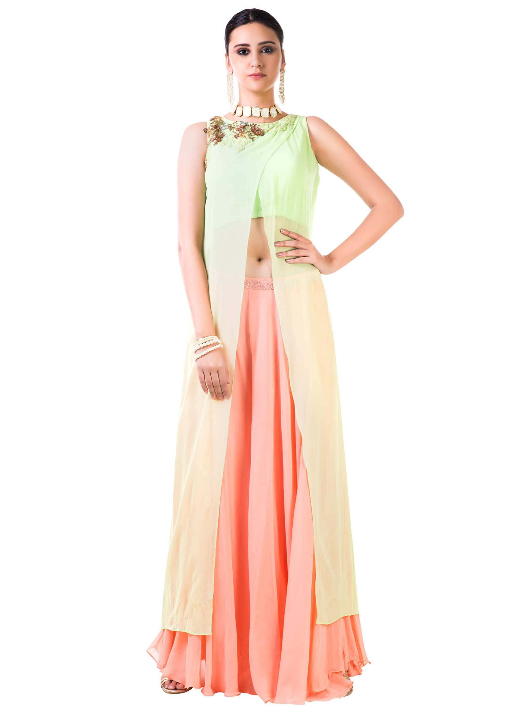 Embroidered Lime Green Overlapped Crop Top with Peach Palazzo Pant