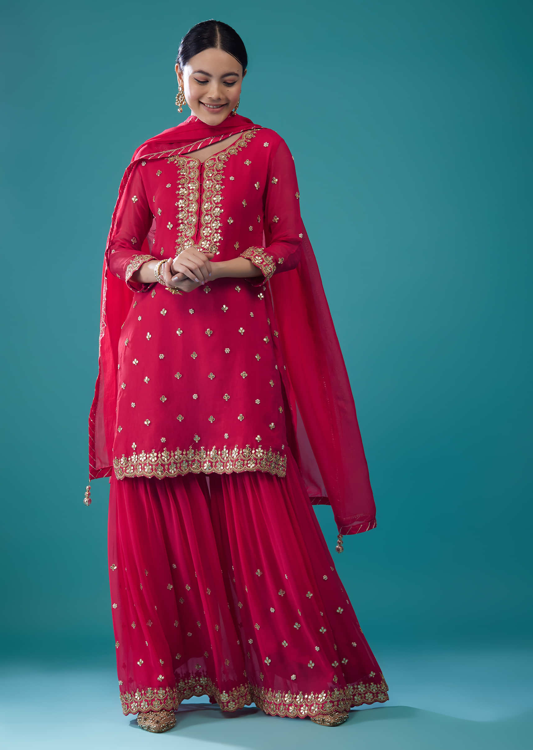 Embroidered Raspberry Red Georgette Sharara Set