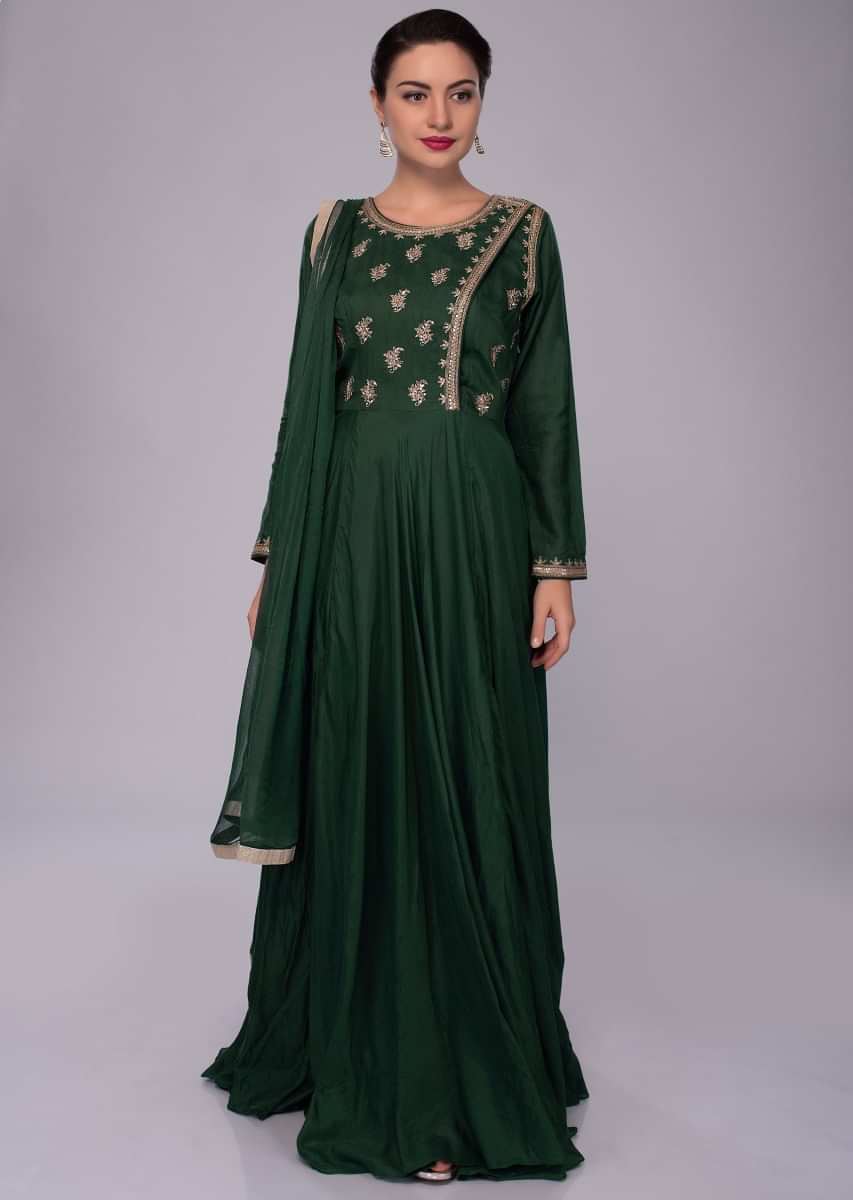 Emerald green anarkali suit with angrakha style embroidered bodice