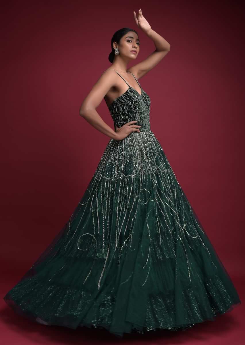 Buy Emerald Green Corset Blouse With Hand Embellished Cut Dana And Sequins  Accents And Spaghetti Straps Online - Kalki Fashion