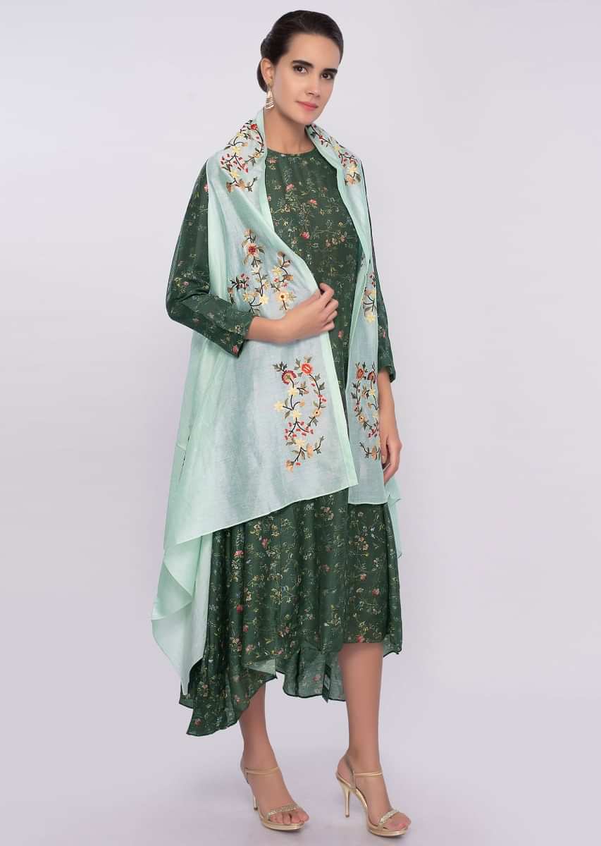 Emerald Green Asymmetric Kurti In Cotton Silk With Mint Green Embroidered Jacket Online - Kalki Fashion