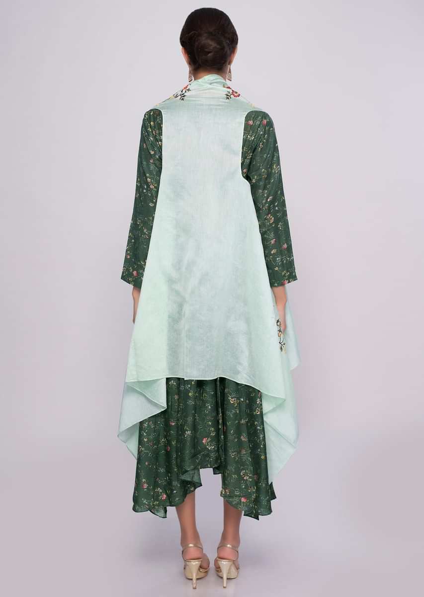 Emerald Green Asymmetric Kurti In Cotton Silk With Mint Green Embroidered Jacket Online - Kalki Fashion