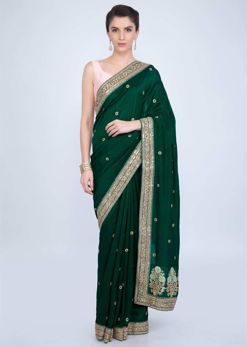 Anita Hassanandani In Kalki Emerald green crepe silk saree with embroidered butti and border