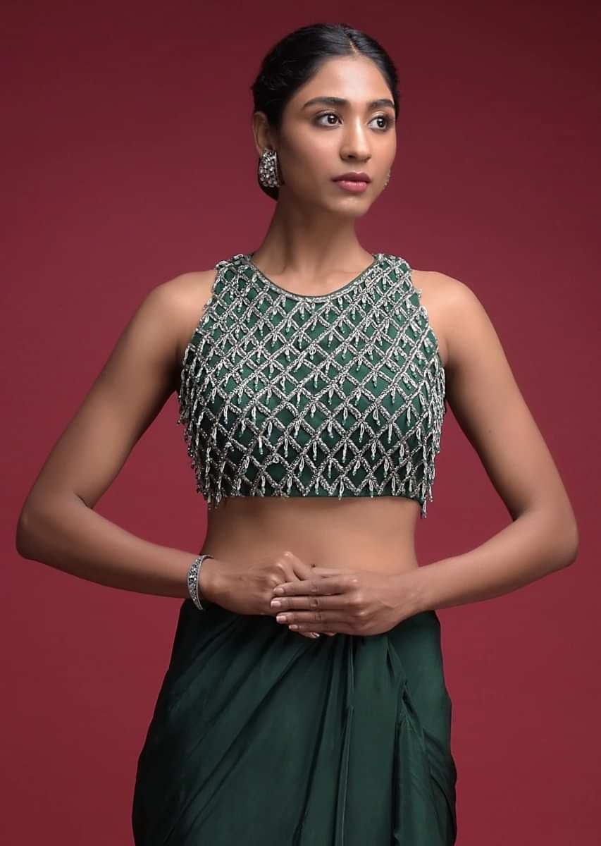 Emerald Green Crop Top With Cut Dana Embellished Checks And Bead Tassels