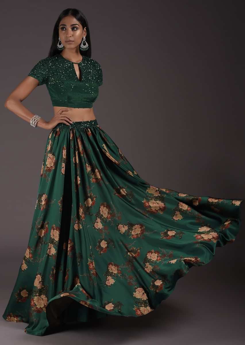Emerald Green Floral Satin Skirt Set With An Embellished Crop Top With Front Cut Out And Tie Up Back 