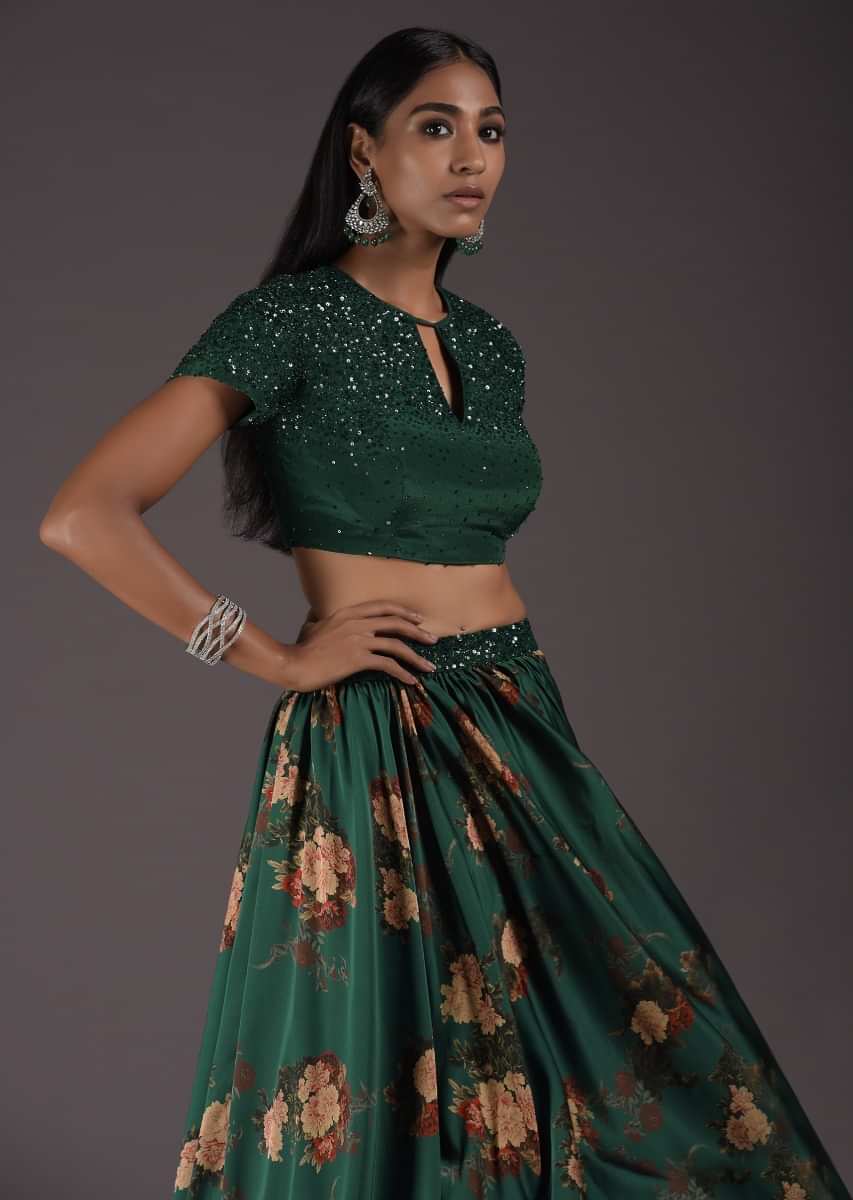 Emerald Green Floral Satin Skirt Set With An Embellished Crop Top With Front Cut Out And Tie Up Back 