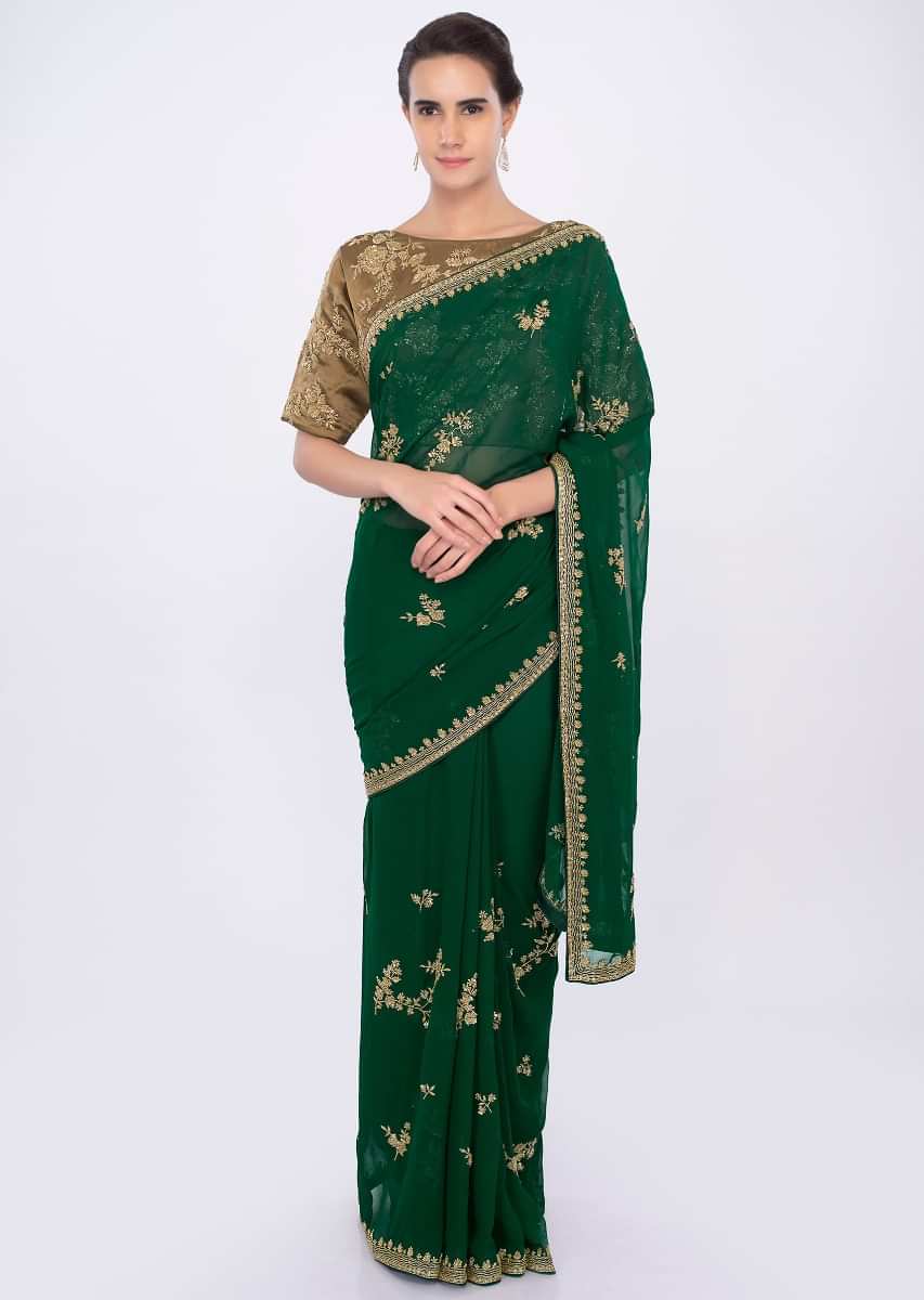 Emerald Green Saree In Georgette With Embroidery And Butti Online - Kalki Fashion