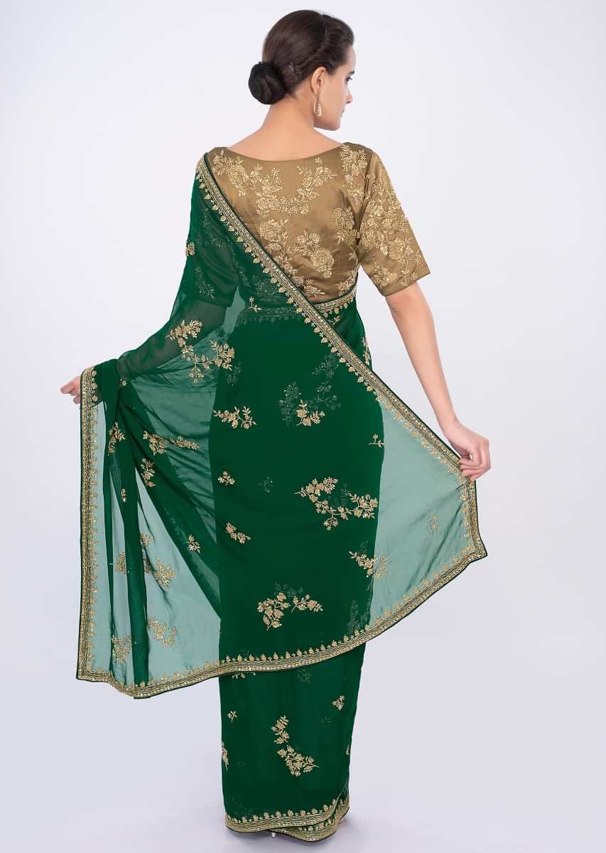 Emerald Green Saree In Georgette With Embroidery And Butti Online - Kalki Fashion