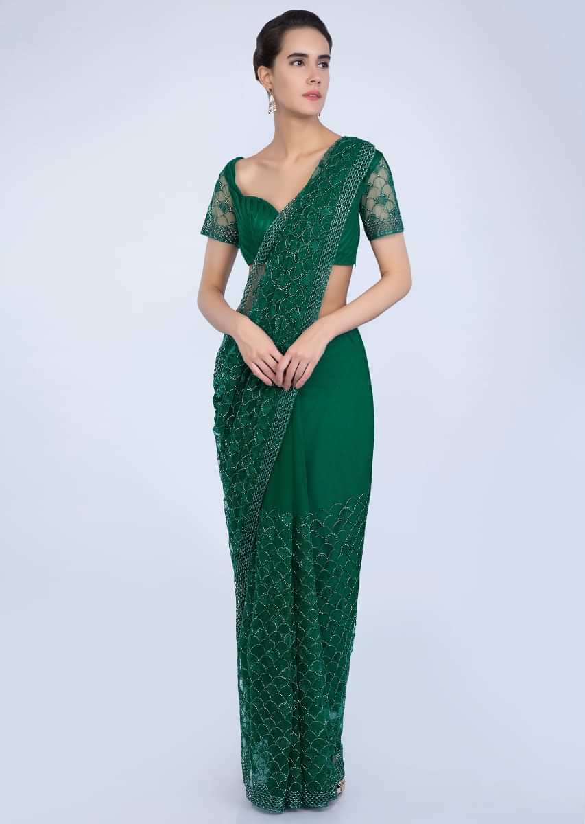 Emerald Green Saree In Hard Net With Heavy Jaal Embroidery Online - Kalki Fashion