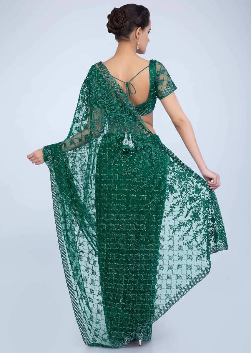 Emerald Green Saree In Hard Net With Heavy Jaal Embroidery Online - Kalki Fashion