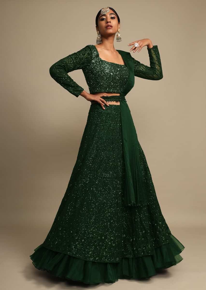 Buy Bottle Green Velvet Bridal Wear Dori Work Lehenga Choli Online From  Wholesale Salwar.