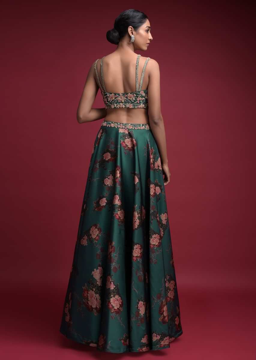 Emerald Green Lehenga In Milano Satin With Floral Print And Embellished Crop Top  