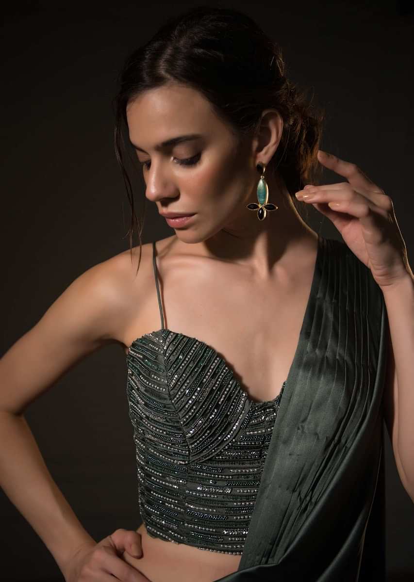 Emerald Green Draped Saree In Milano Satin With Matching Corset Blouse Online - Kalki Fashion