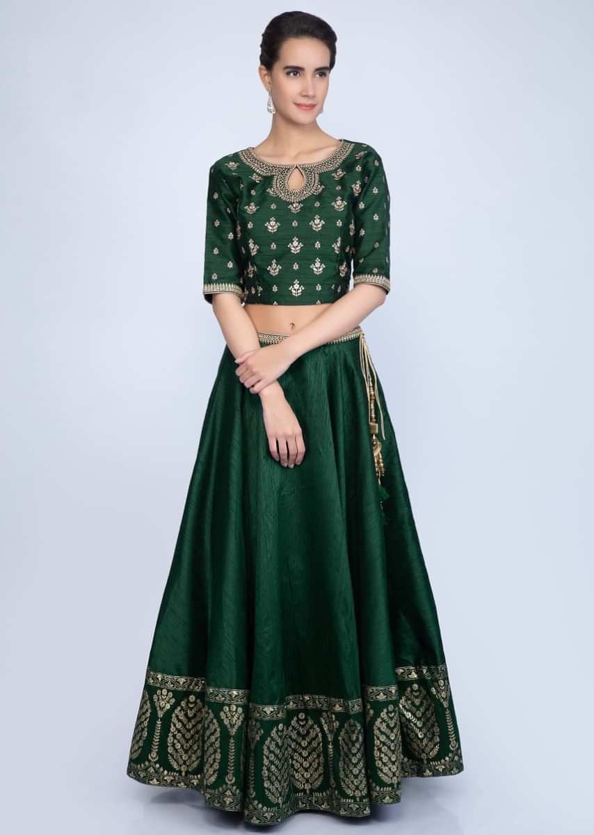 Emerald Green Lehenga Set In Embroidered Raw Silk With Contrasting Brocade Dupatta Online - Kalki Fashion