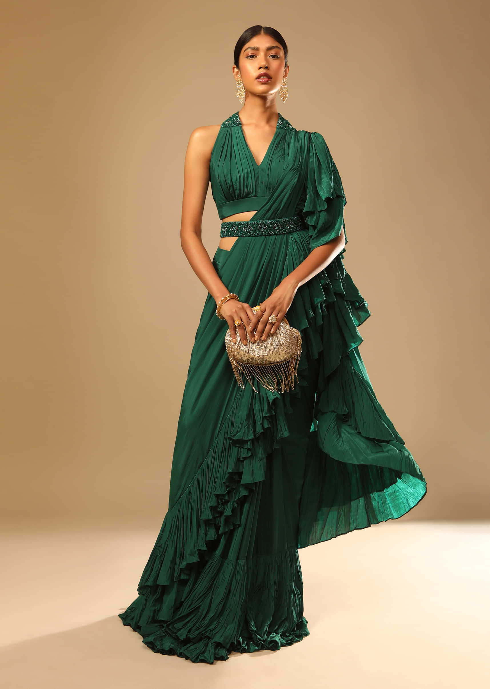 Emerald Green Ready Pleated Ruffle Saree With A Halter Neck Blouse And 3D Embroidered Belt  