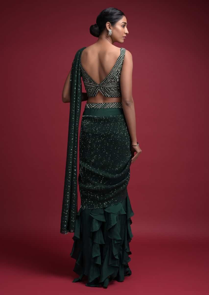 Emerald Green Ready Pleated Saree In Crepe With Cascade Frill On The Hemline  