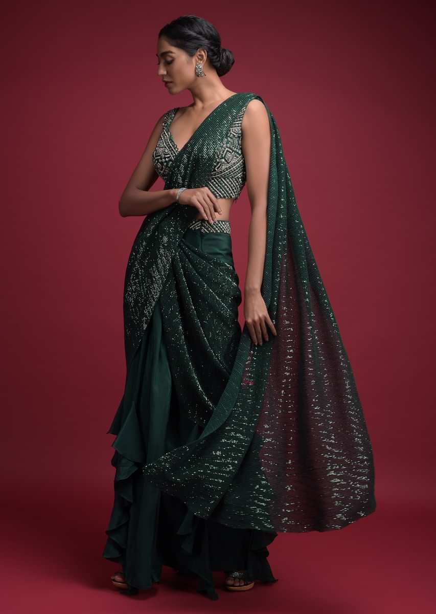 Emerald Green Ready Pleated Saree In Crepe With Cascade Frill On The Hemline  