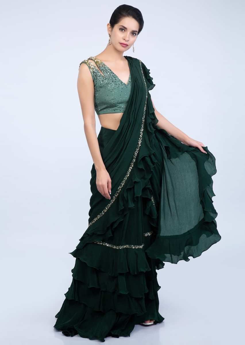 Emerald Green Ready Pleated Saree With Frilled Layers At The Hem And Pallo Online - Kalki Fashion