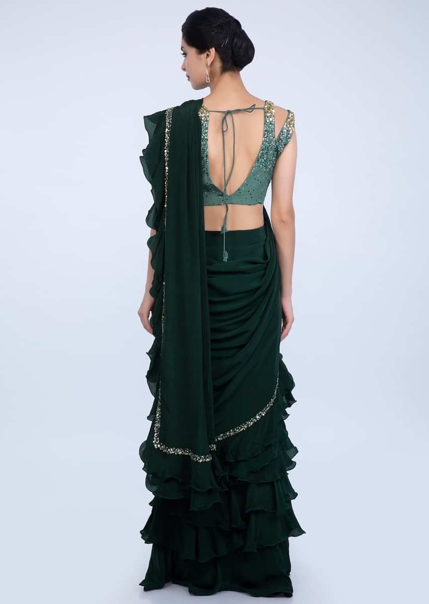Emerald Green Ready Pleated Saree With Frilled Layers At The Hem And Pallo Online - Kalki Fashion