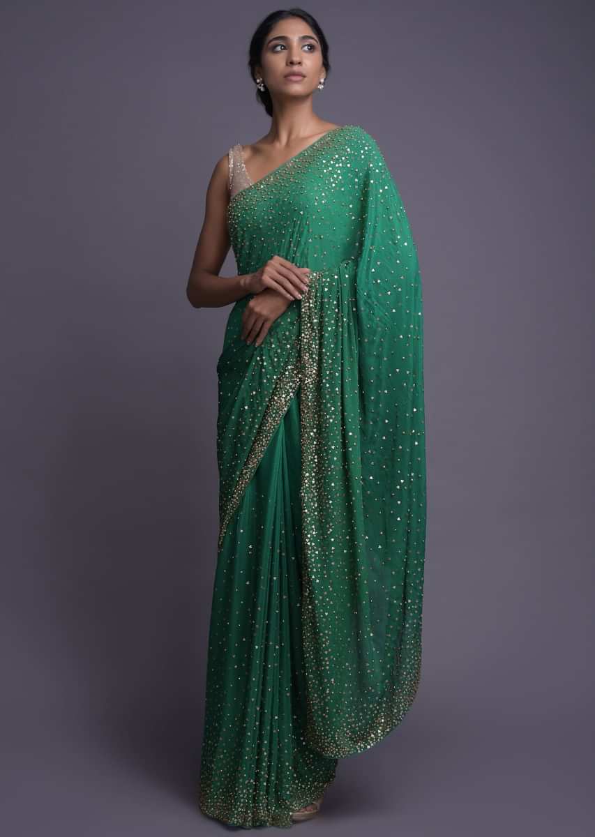 Emerald Green Saree In Chiffon With Golden Sequins And Kundan Work