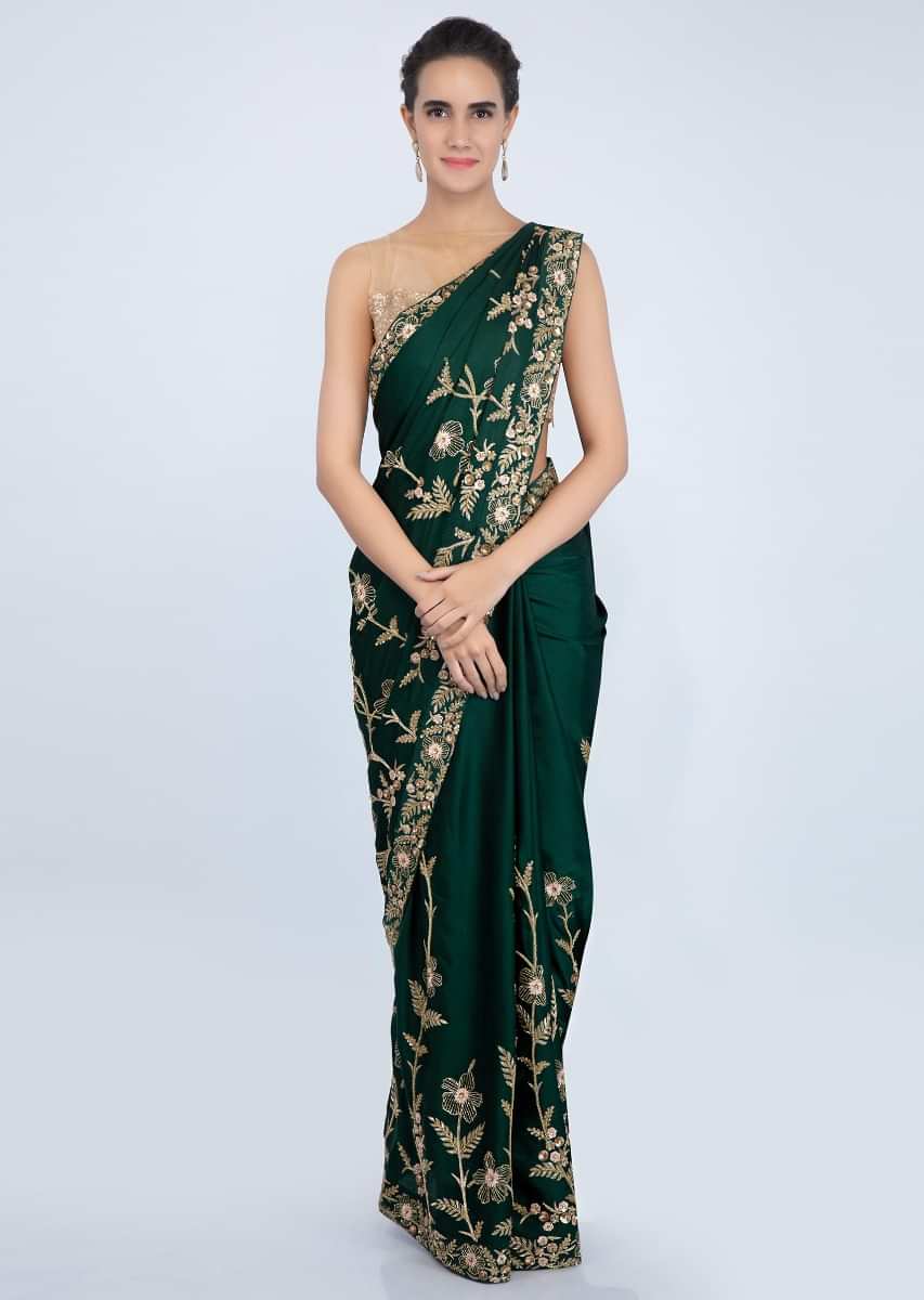 Emerald Green Blouse In Satin With In Heavy Floral Embroidery Online - Kalki Fashion