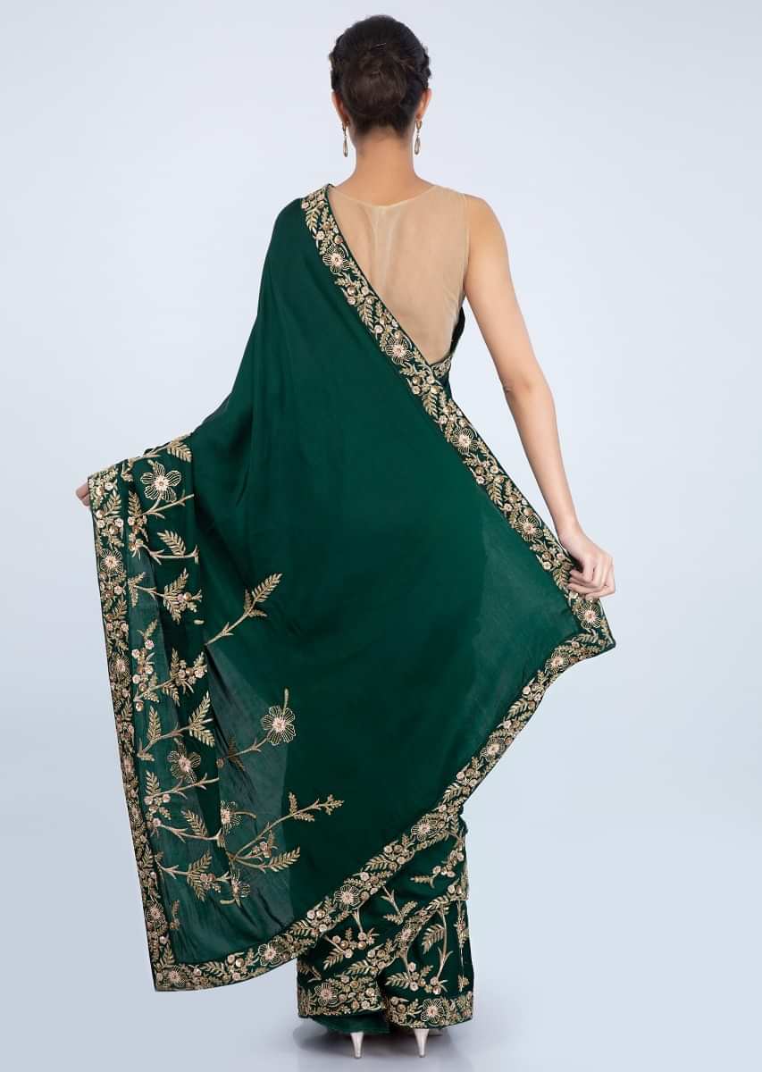 Emerald Green Blouse In Satin With In Heavy Floral Embroidery Online - Kalki Fashion