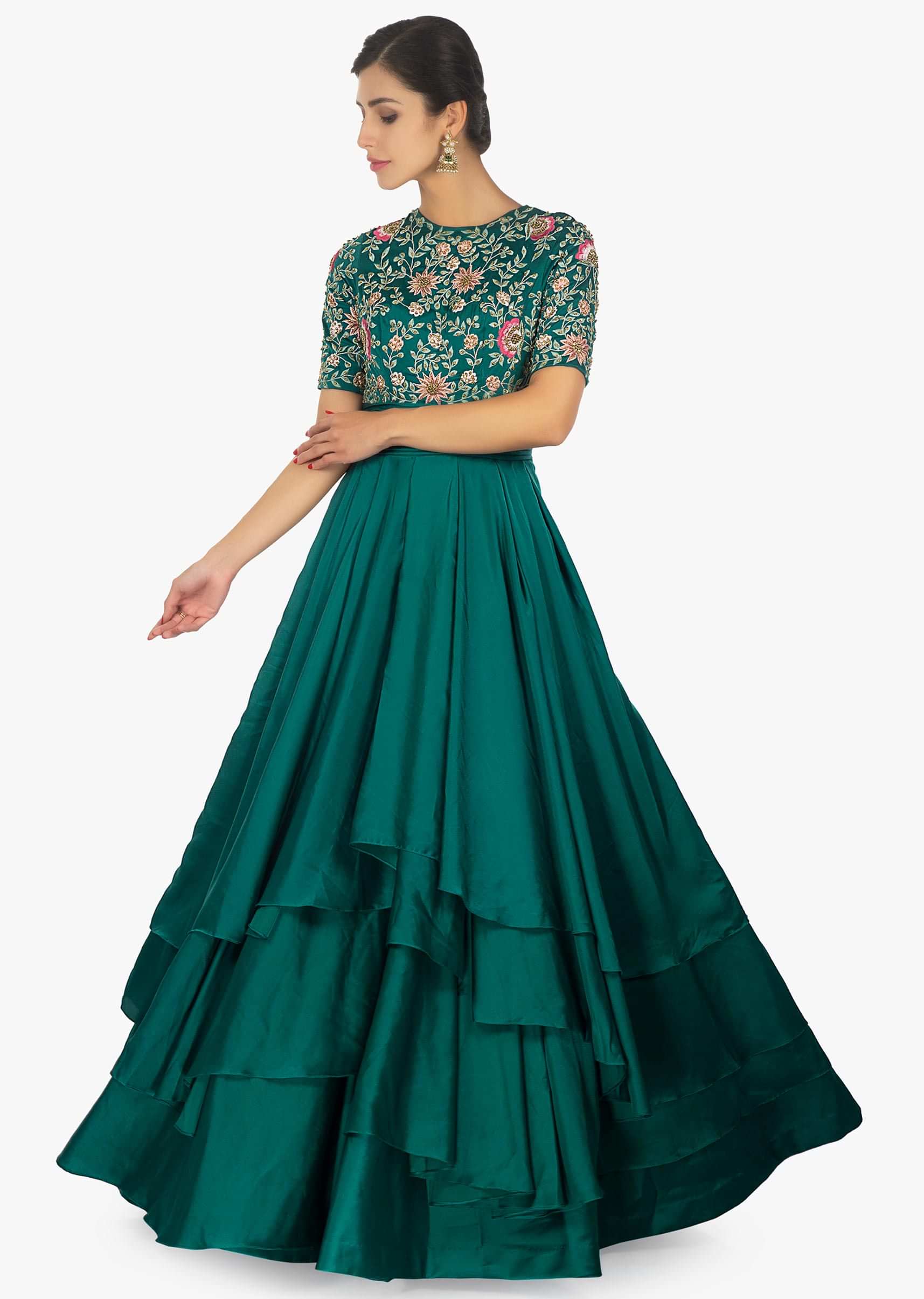 Emerald green satin layered gown with bodice in resham thread embroidery