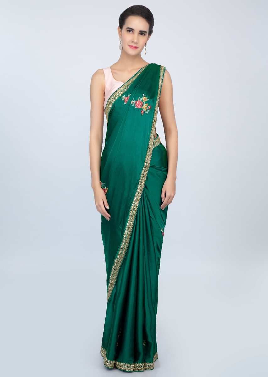 Emerald green satin saree with multi color resham floral  butti only on kalki