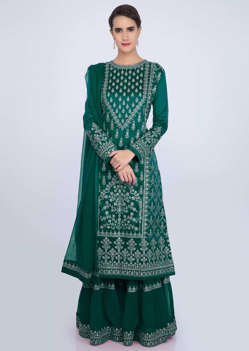 Emerald Green Sharara Suit Set With Embroidery And Butti Online - Kalki Fashion