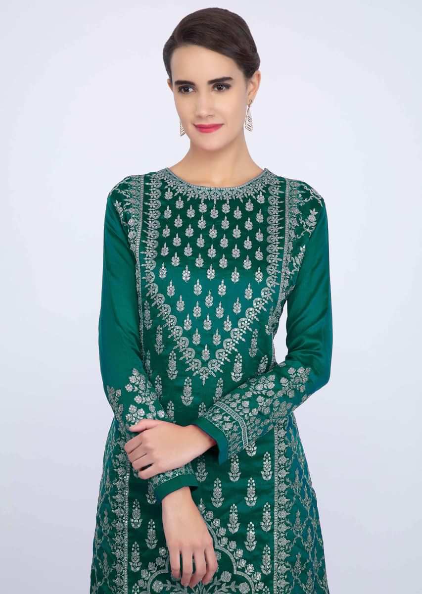 Emerald Green Sharara Suit Set With Embroidery And Butti Online - Kalki Fashion