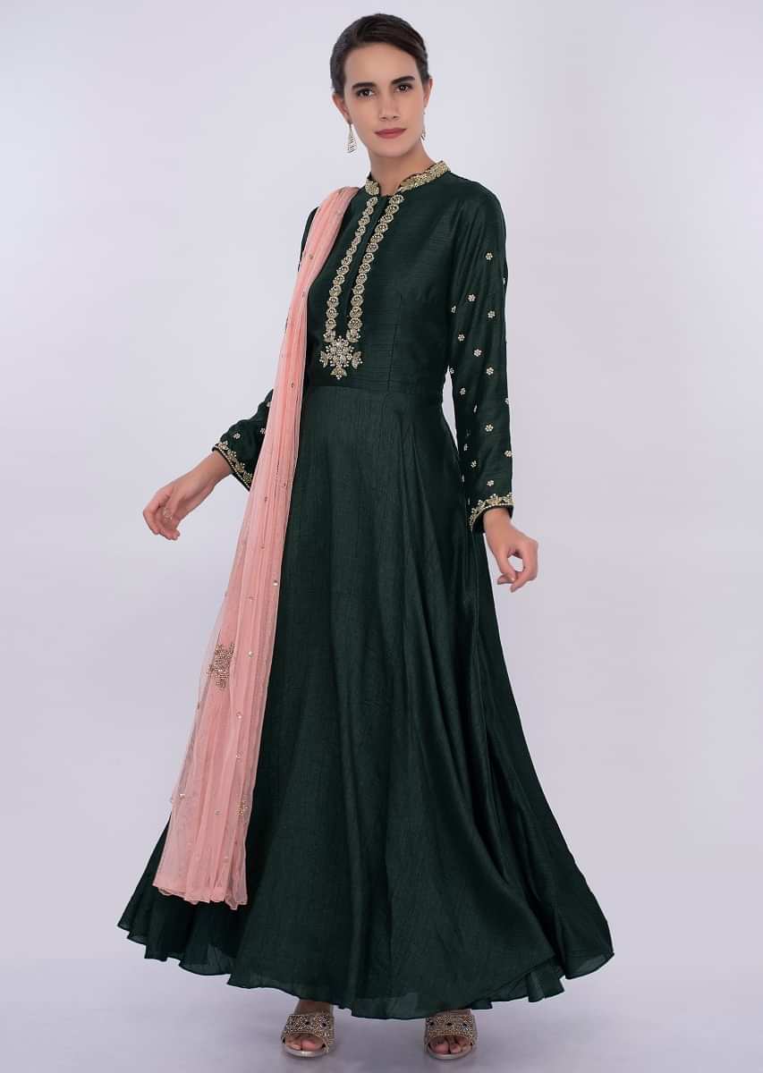 Emerald Green Anarkali Dress In Silk With Peach Net Dupatta Online - Kalki Fashion