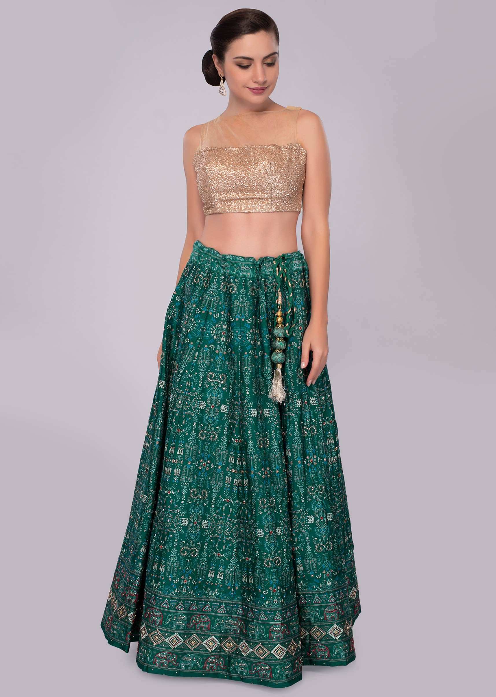 Buy Emerald Green Silk Lehenga With Patola Print And Embroidery Only On ...