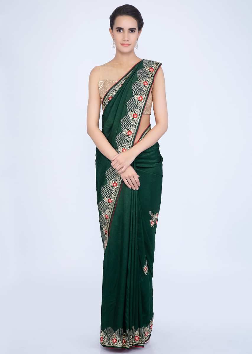 Emerald Green Saree In Silk With Embroidered Butti And Border Online - Kalki Fashion