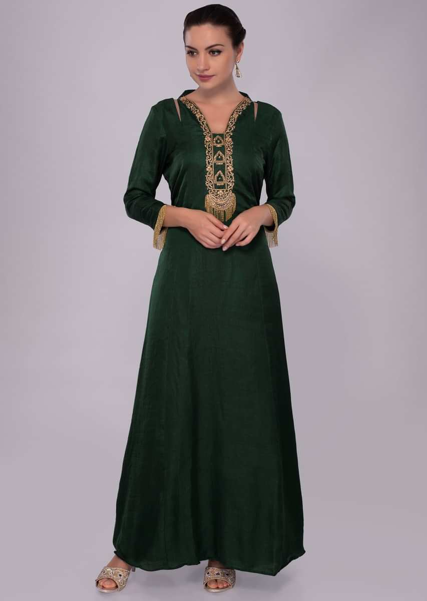 Emerald green tunic dress with embroidered neck and placket