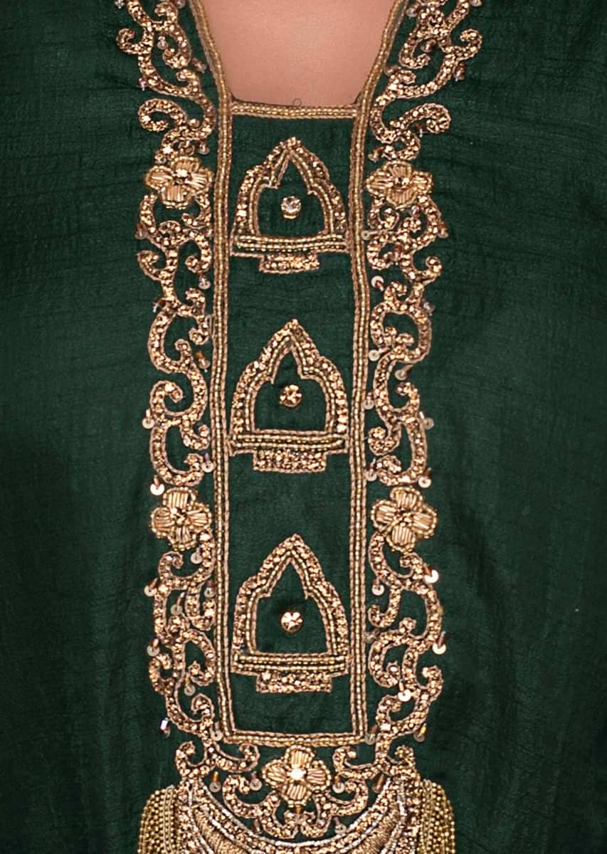 Emerald green tunic dress with embroidered neck and placket