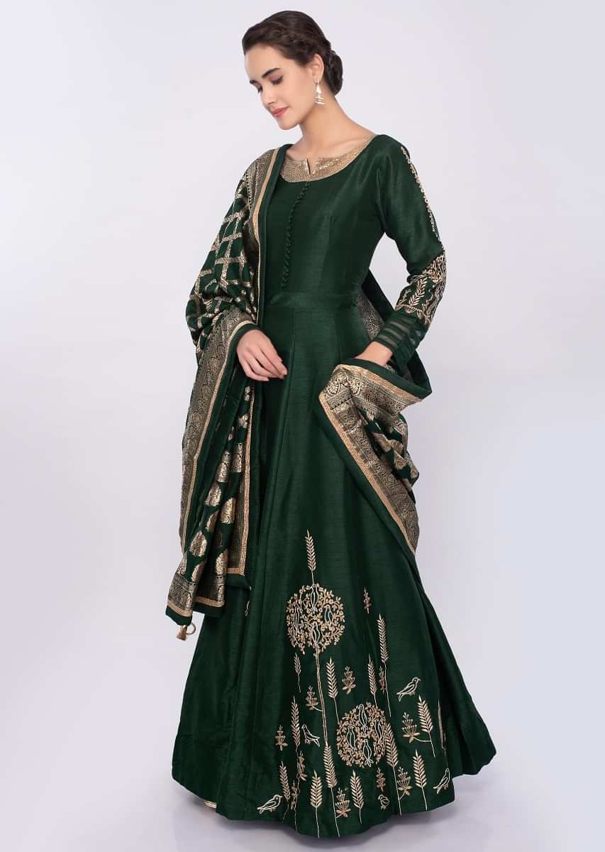 Emerald raw silk anarkali suit with banarasi brocade dupatta only on Kalki