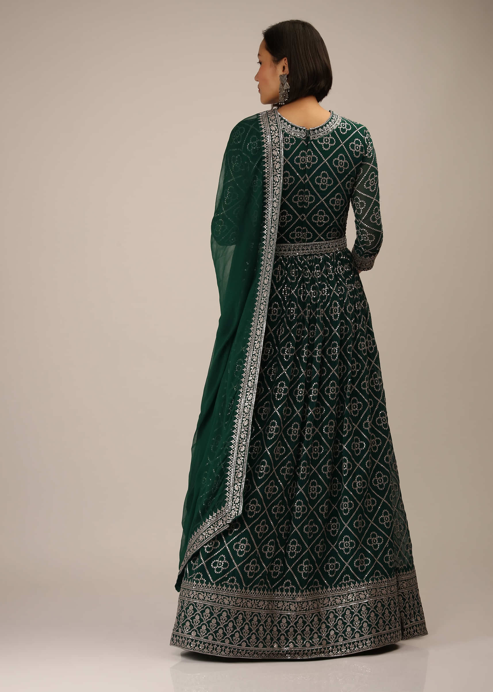 Emerald Green Anarkali Suit In Georgette With Zari And Sequins Embroidered Jaal And Three Quarter Sleeves