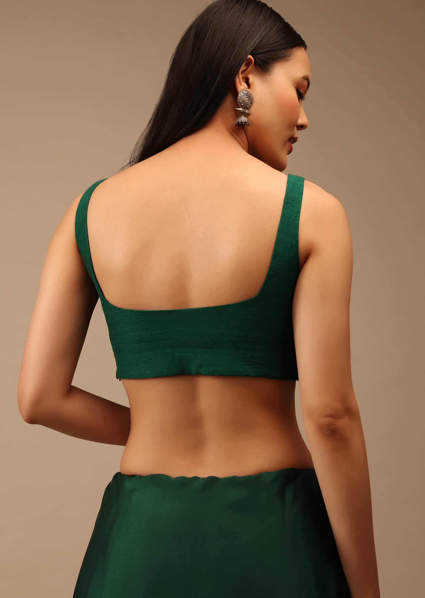 Emerald Green Blouse In Raw Silk With Overlapping Sweetheart Neckline And Cut Out Back