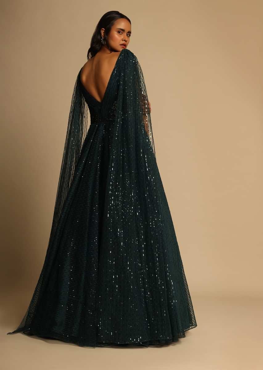 Emerald Green Gown In Net With Sequins Embellished Stripes And Attached Drape Online - Kalki Fashion