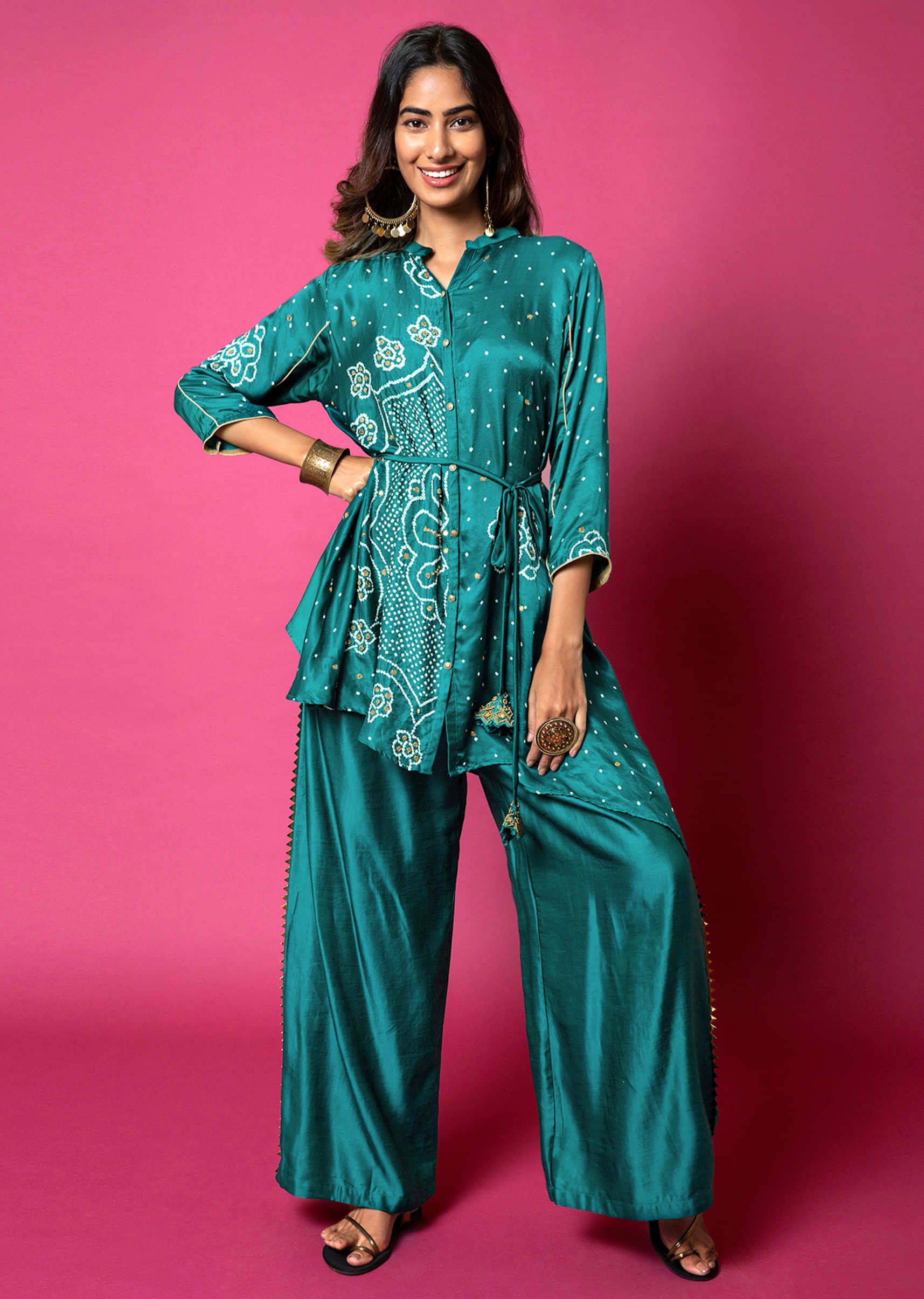 Emerald Green Shirt And Palazzo Set With Mandala Real Bandhani And Hand Embroidered Using Antique Sequins And Beads 