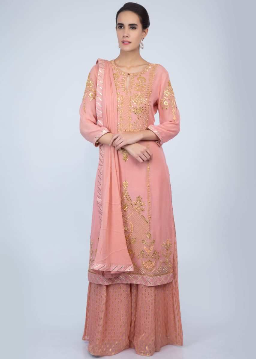 English Peach Palazzo Suit Set In Front Panel Embroidery Online - Kalki Fashion