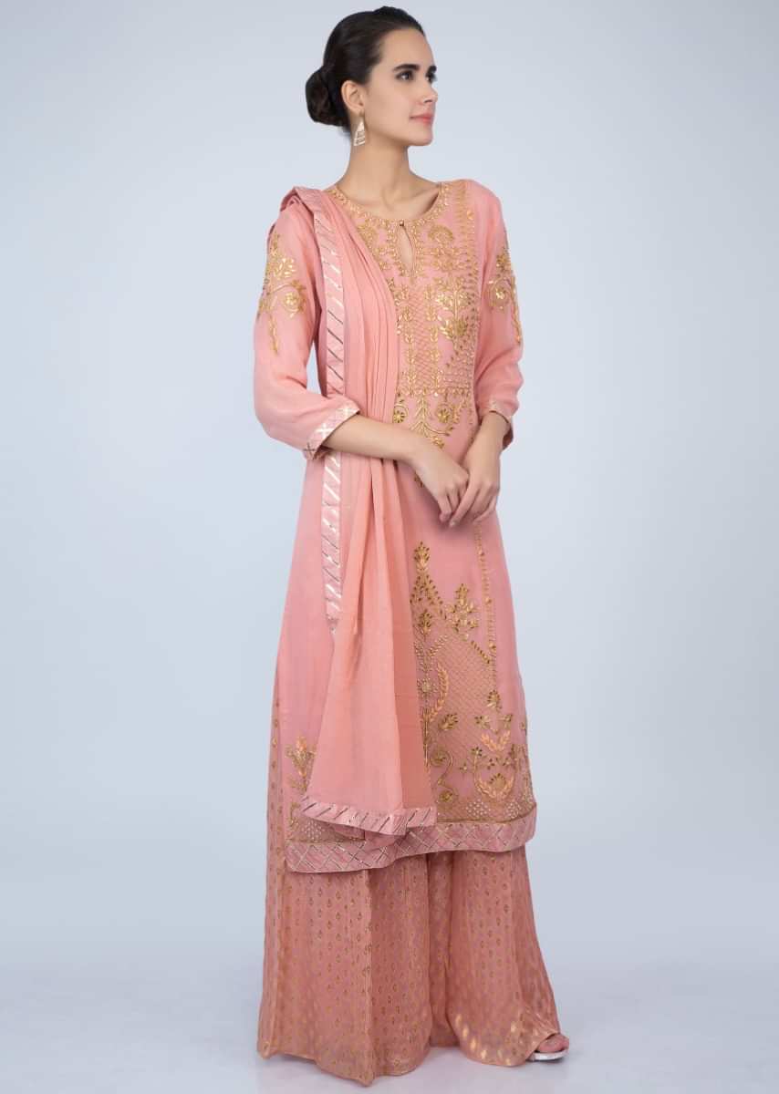 English Peach Palazzo Suit Set In Front Panel Embroidery Online - Kalki Fashion