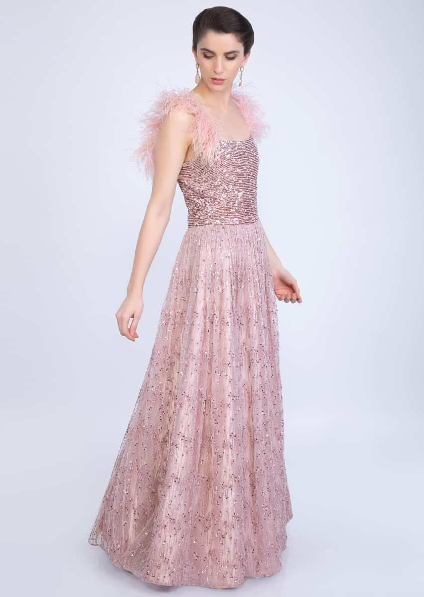 English Pink Feather Strap Gown With Moti And Sequins Embellishment Only On Kalki Online - Kalki Fashion
