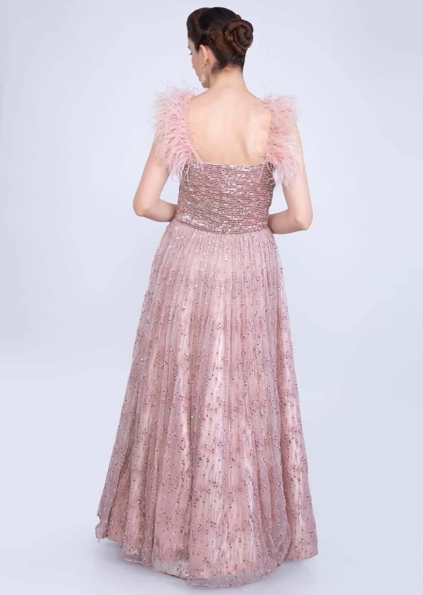 English Pink Feather Strap Gown With Moti And Sequins Embellishment Only On Kalki Online - Kalki Fashion