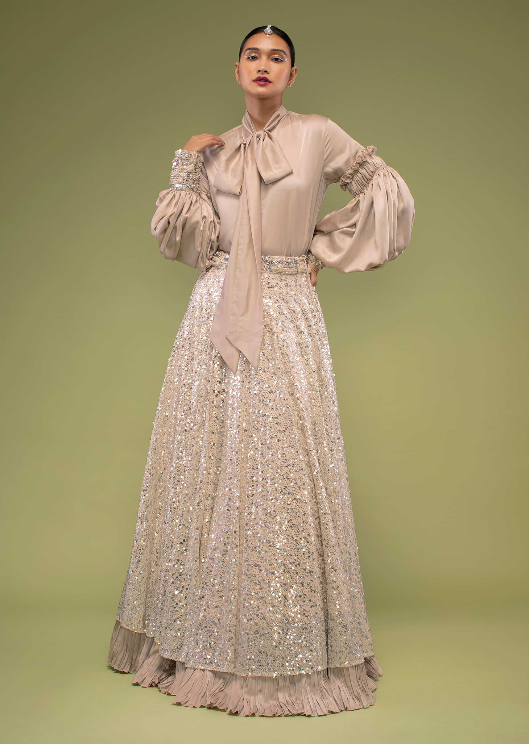 English Beige Shirt And Ivory Lehenga In Sequins Embroidery, Shirt Is Crafted In Satin With A Bow Tie-Up At The Front