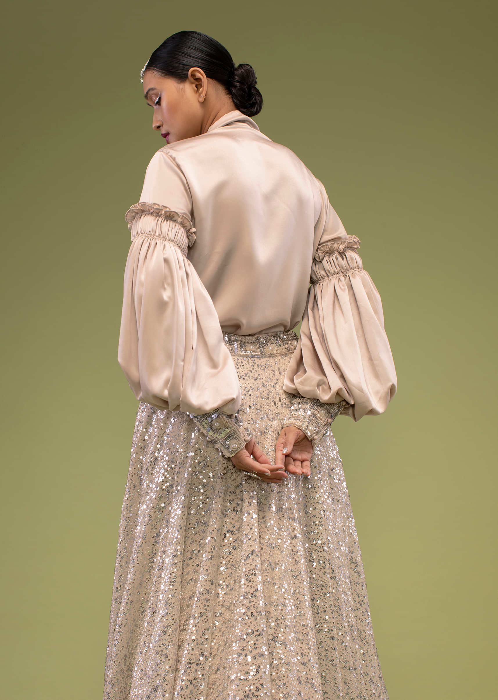 English Beige Shirt And Ivory Lehenga In Sequins Embroidery, Shirt Is Crafted In Satin With A Bow Tie-Up At The Front