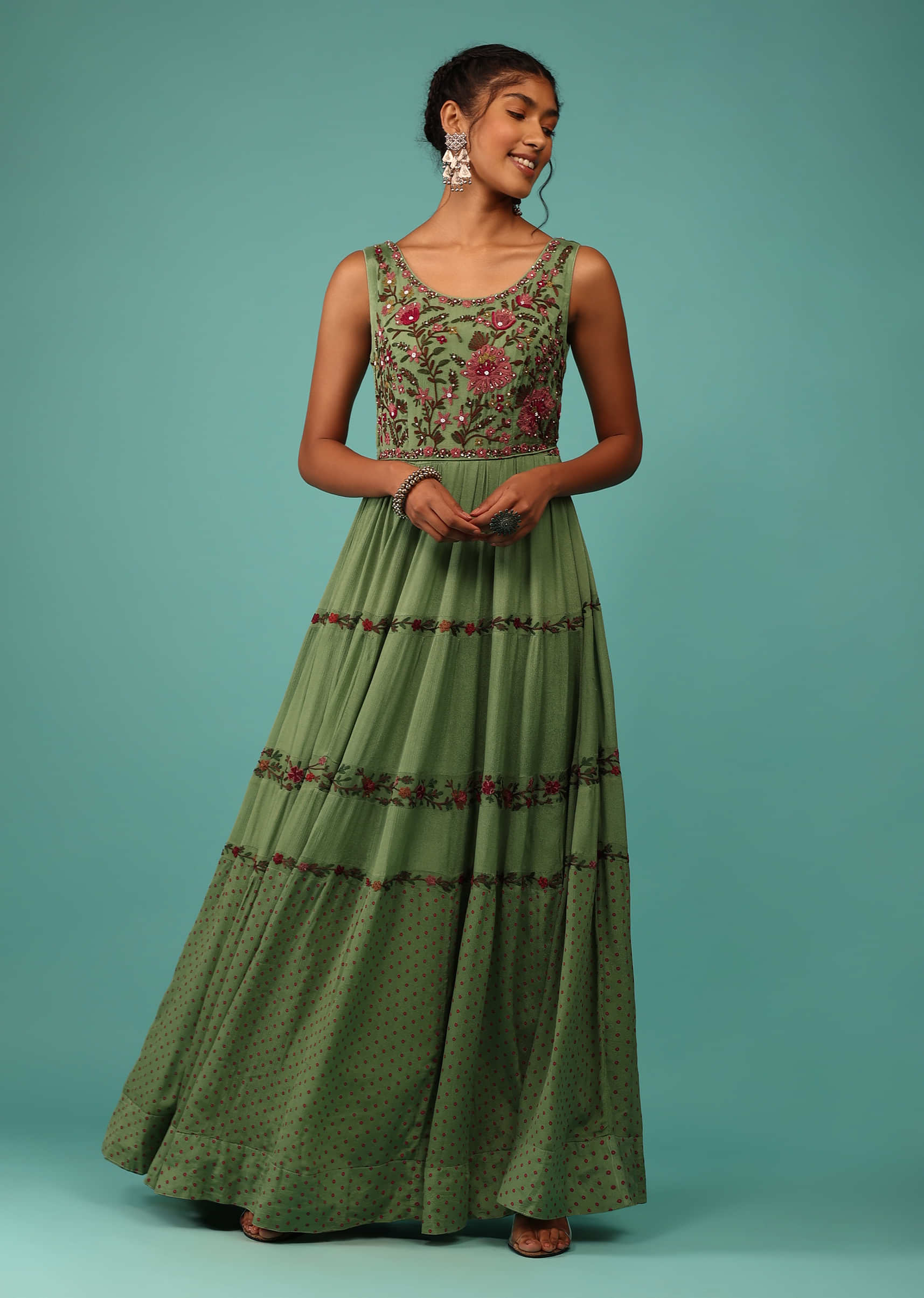 English Ivy Green Flowy Dress In Chiffon With Floral Kashmiri Thread Work And Embroidery