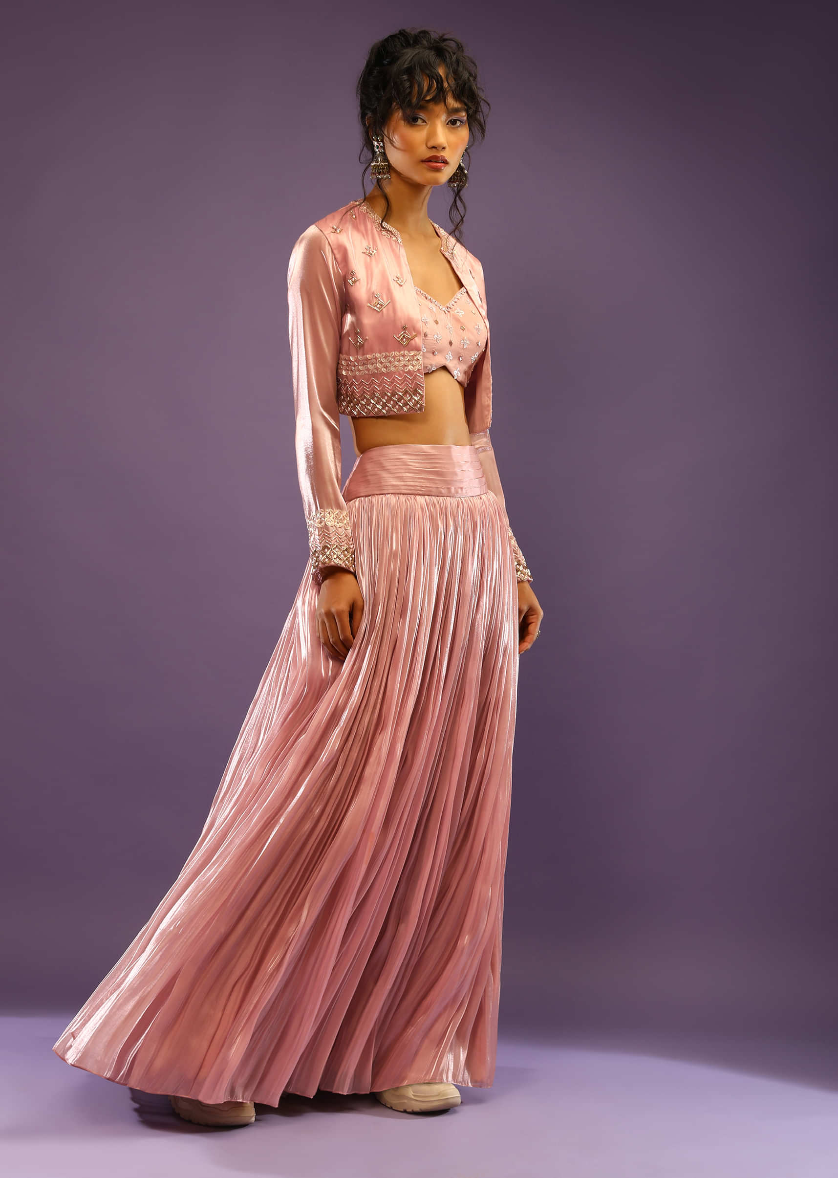 English Pink Skirt And Crop Top Set With Cut Dana Embroidery And Cropped Jacket