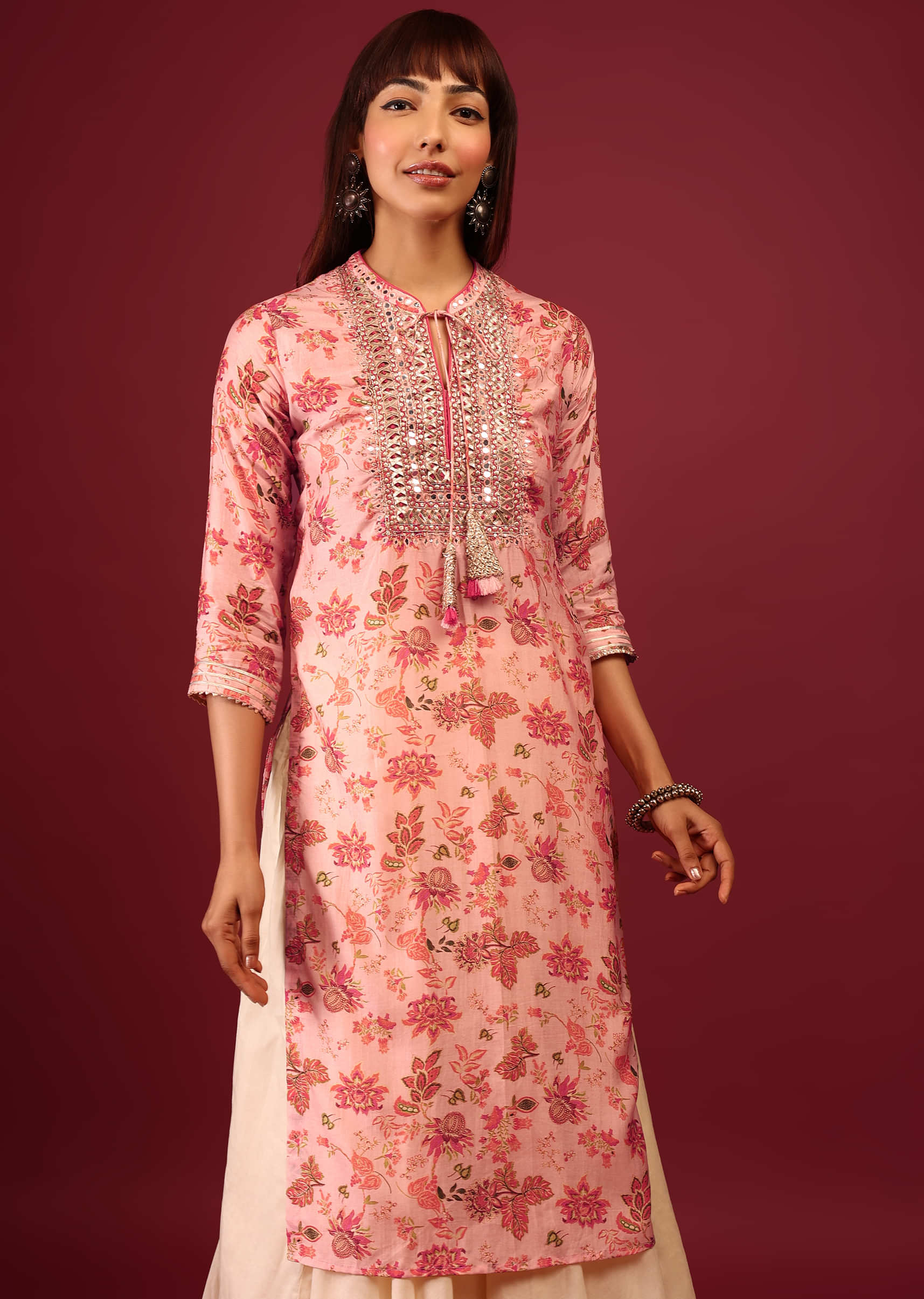 Rose Pink Floral Print Cotton Kurta In Straight Cut With Gotta Work Embroidered Bodice