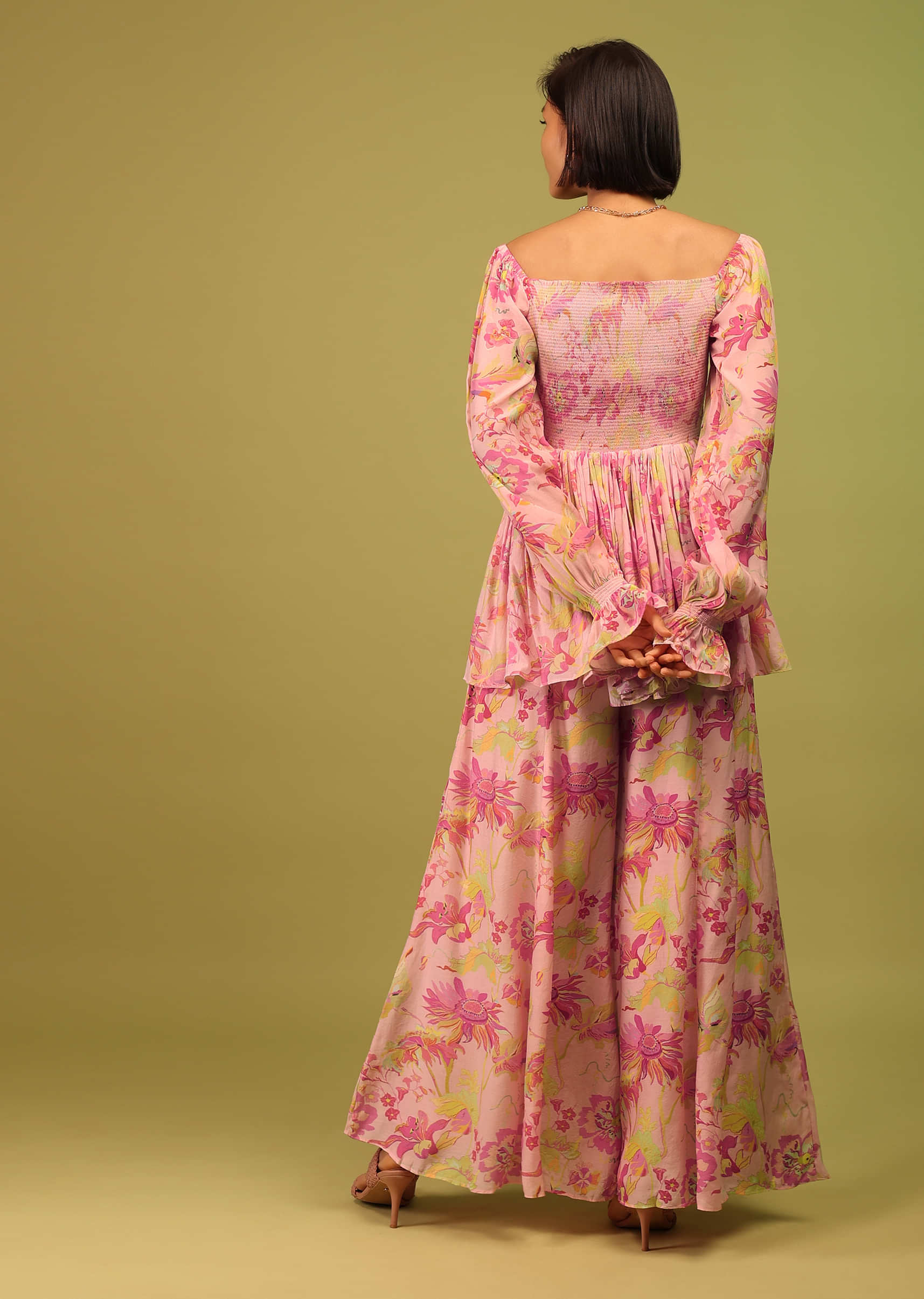 Candy Pink Print Top And Palazzo In Crepe With Off-shoulder Neckline & Smocking Bodice Online - RE By Kalki